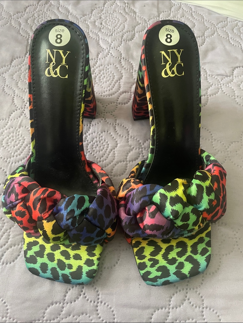 New York & Company Multicolor Rainbow Leopard Knot Mule Heels